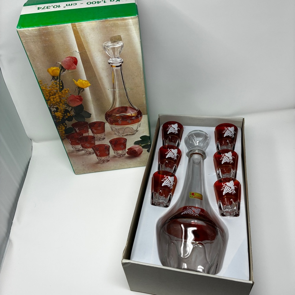 Lubiana Made in Italy Crystal Decanter Set 7-Piece Grape Motive Vintage Bohemian